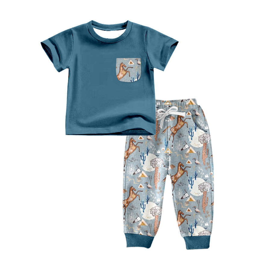 preorder BSPO0172 Western horse cactus blue pocket short sleeve pants boys set