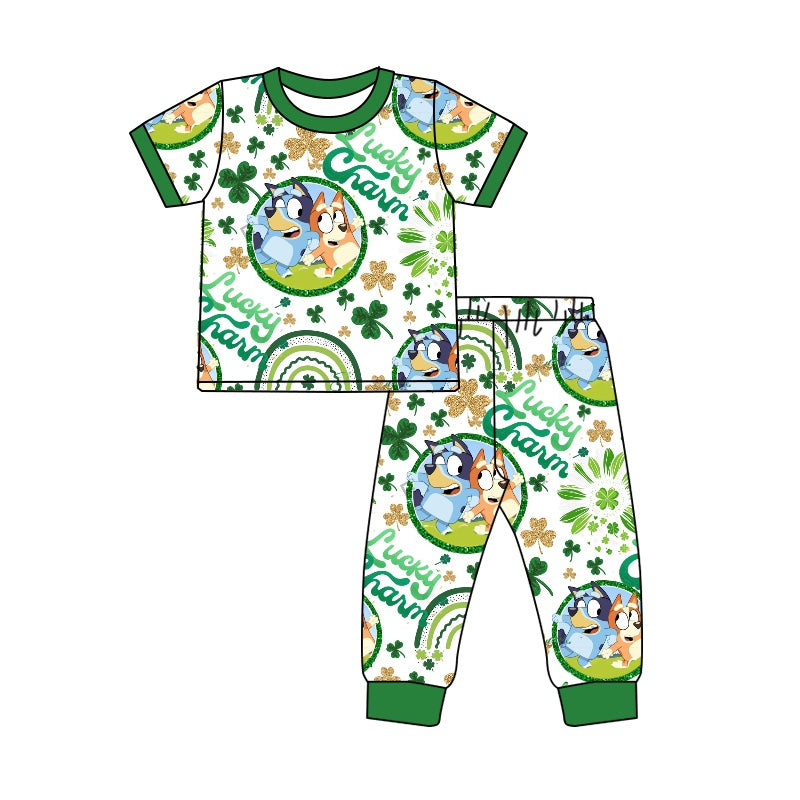 preorder BSPO0251 Saint Patrick lucky cartoon dog green short sleeve pants boys set