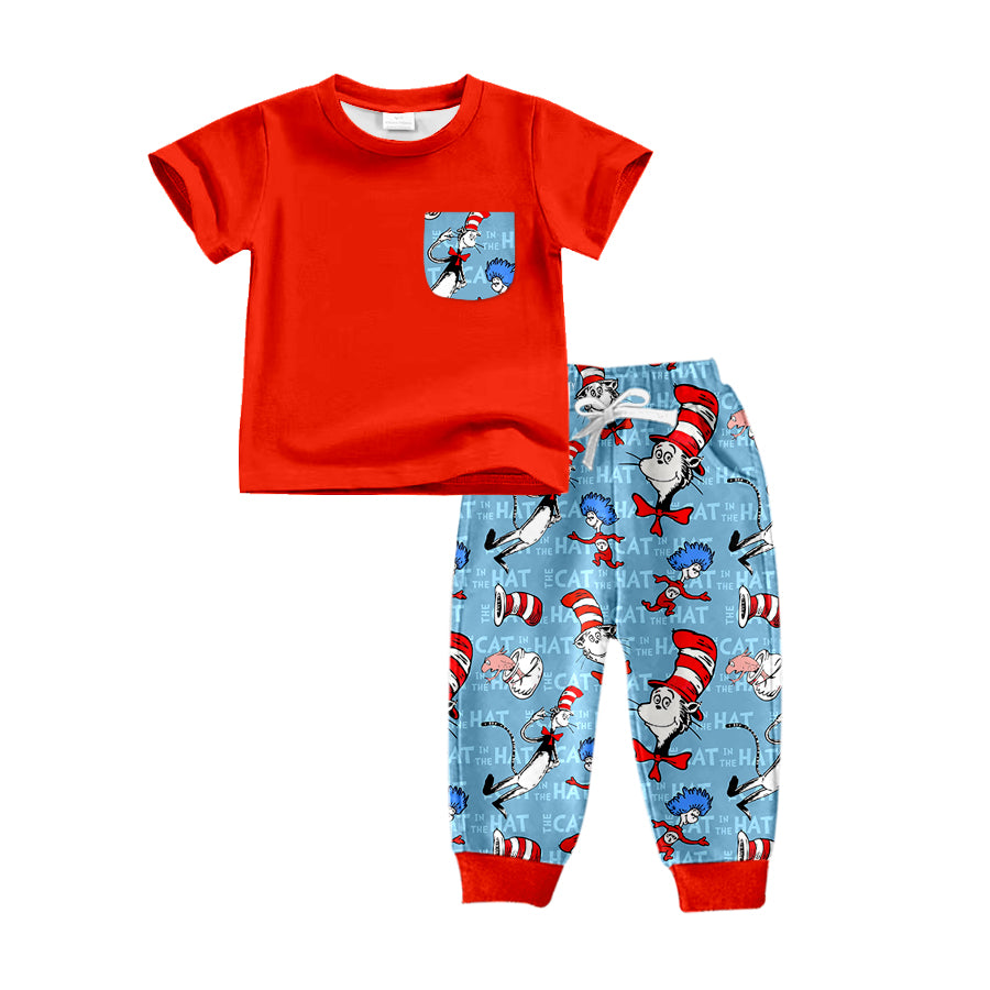 preorder BSPO0255 Dr cartoon pocket red short sleeve blue pants boys set