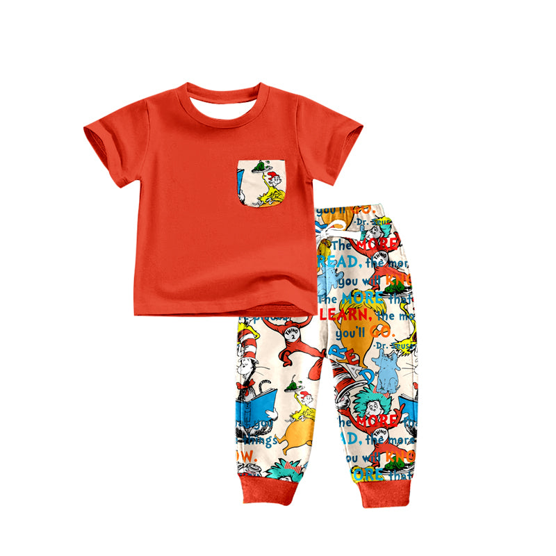 preorder BSPO0260 Dr cartoon red pocket short sleeve pants boys set