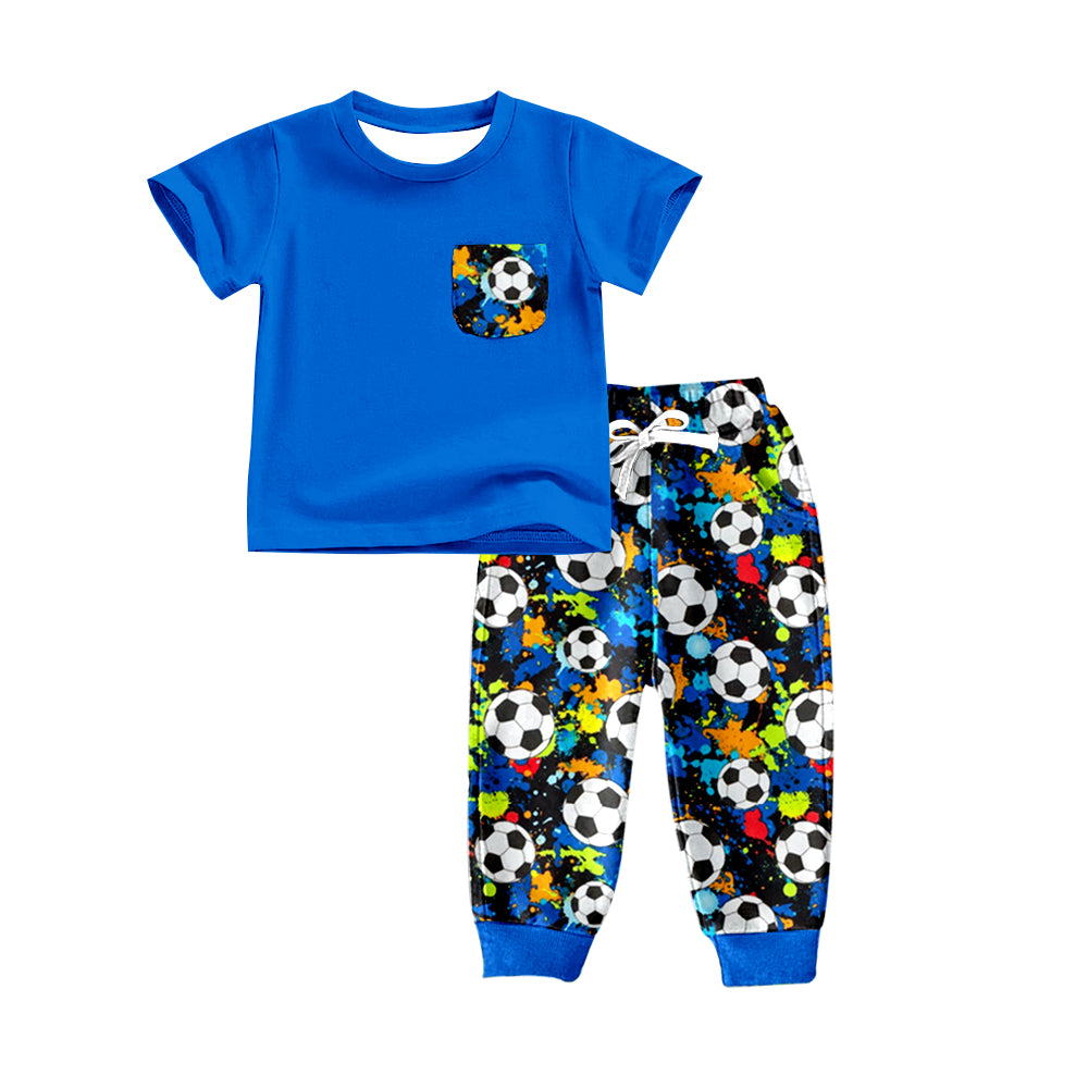 preorder BSPO0299 Soccer Blue Pocket Short Sleeve Colorful Print Pants Boys Set