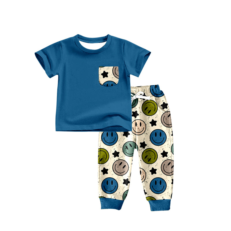 Preorder BSPO0304 Colorful Smile Pocket Blue Short Sleeve Star Pants Boys Set
