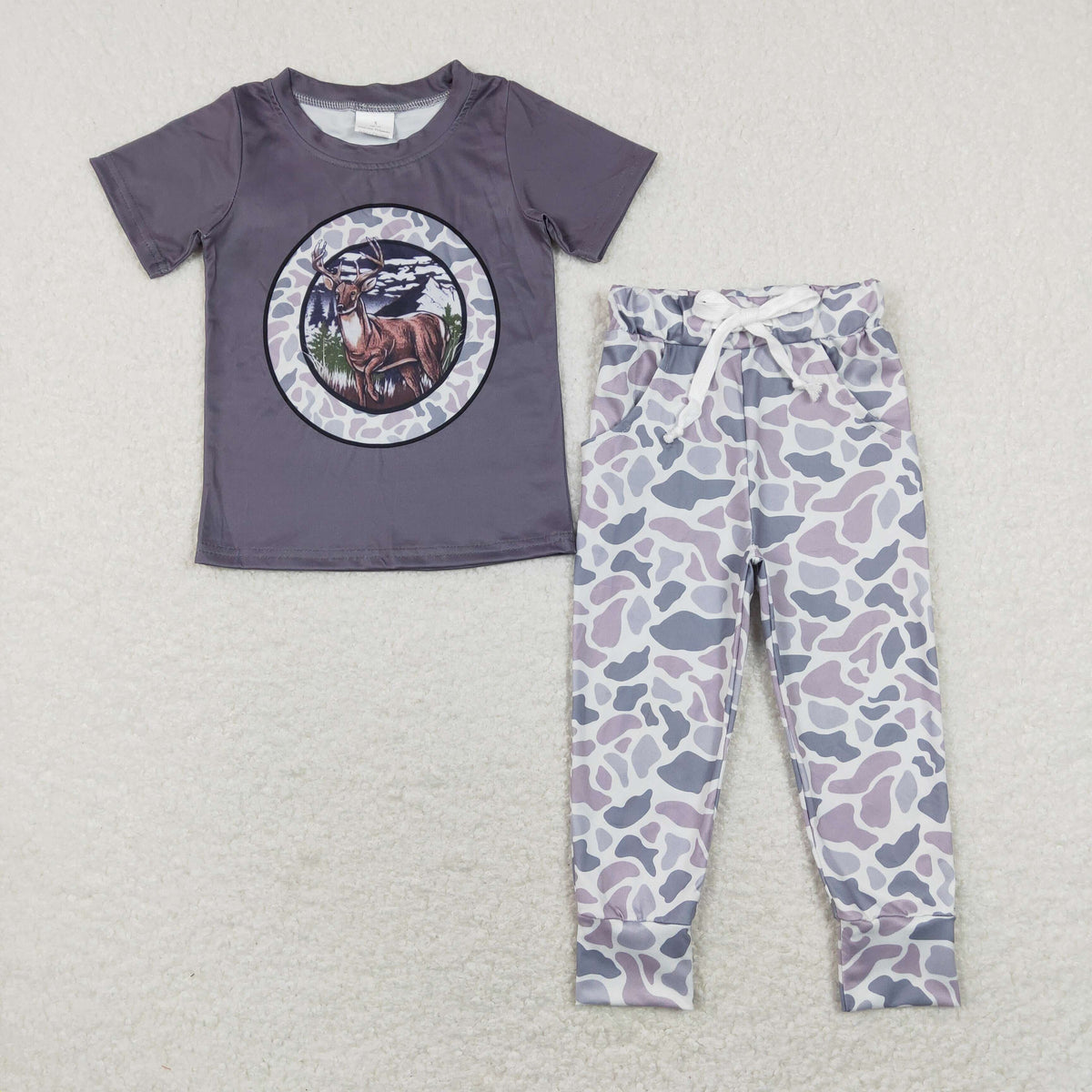 BSPO0335 Camo deer dark grey short sleeve grey camo pants boys set