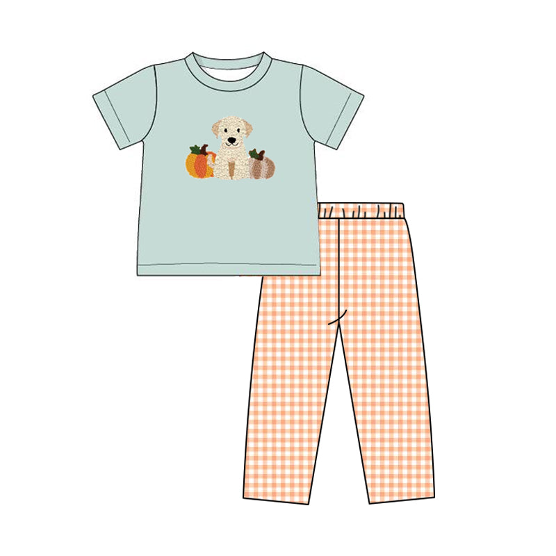 preorder BSPO0366 Autumn full pumpkin dog green short sleeve orange checkered pants boys set