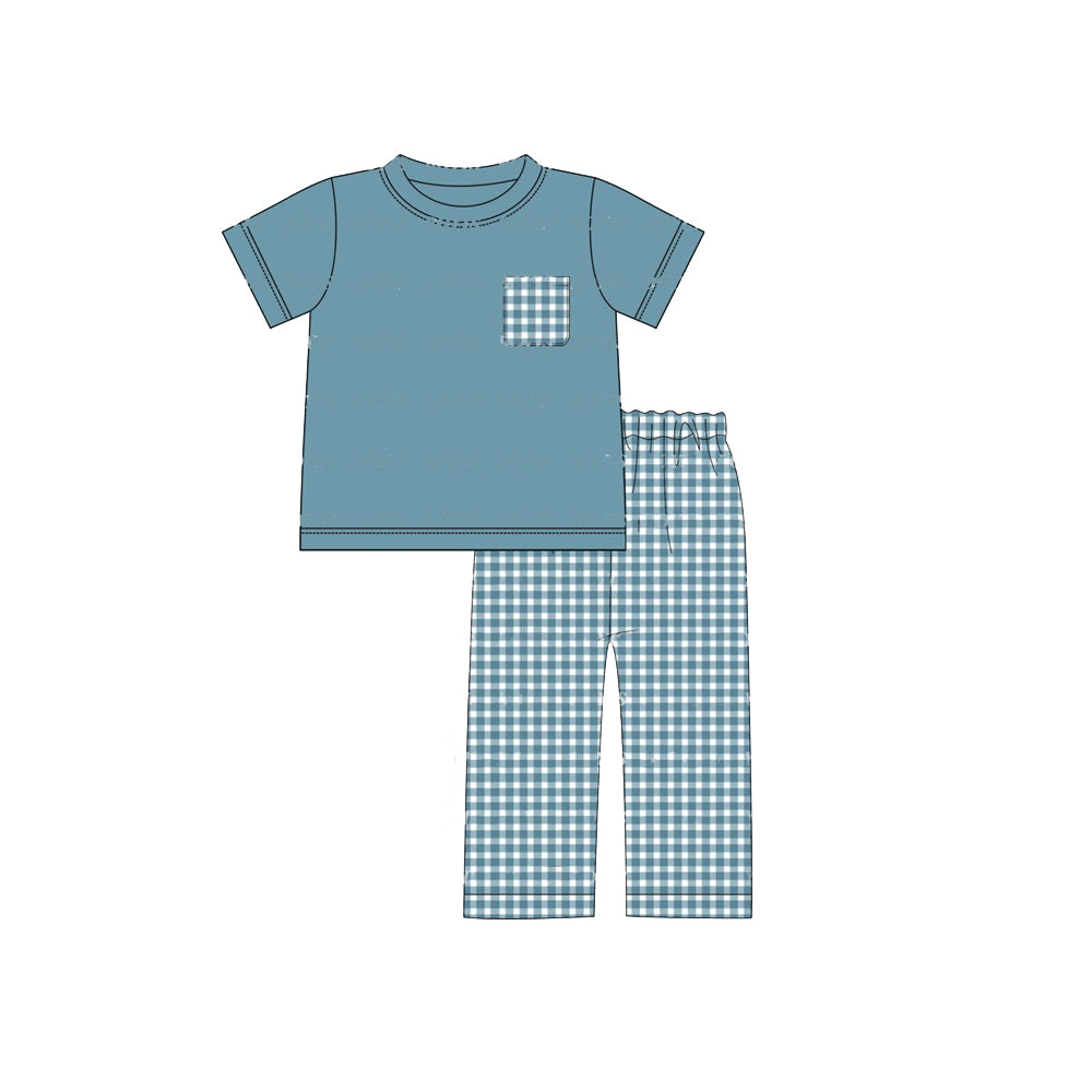 preorder BSPO0367 Autumn full black pocket short sleeve blue checkered pants boys set