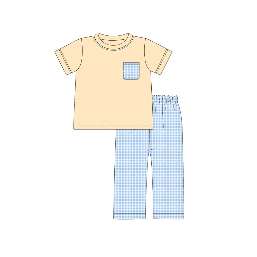 preorder BSPO0368 Autumn full orange pocket short sleeve blue checkered pants boys set