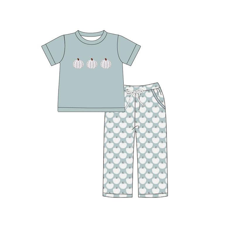 preorder BSPO0369 Autumn pumpkin blue short sleeve pants boys set