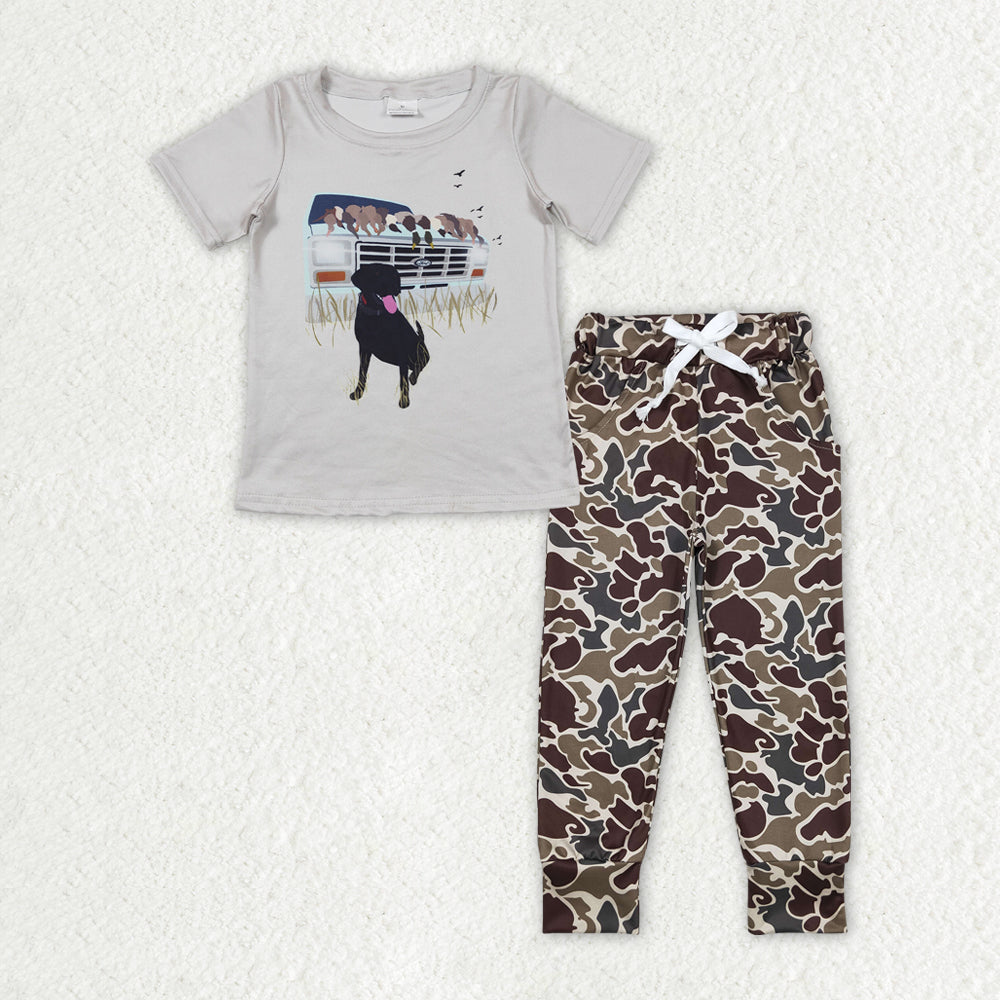 BSPO0381 hunting dog mallard grey short sleeve camo pants boys set