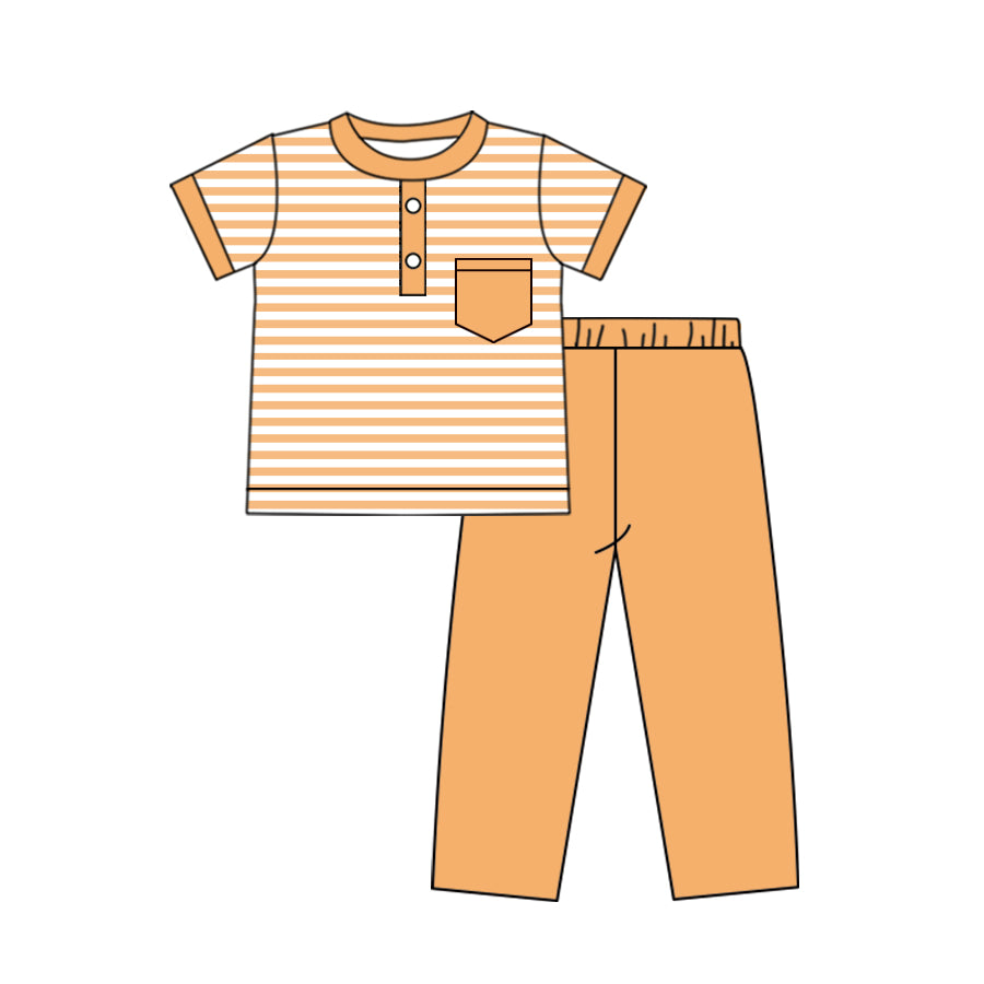 preorder BSPO0382 Autumn full pumpkin orange striped pocket short sleeve orange pants boys set