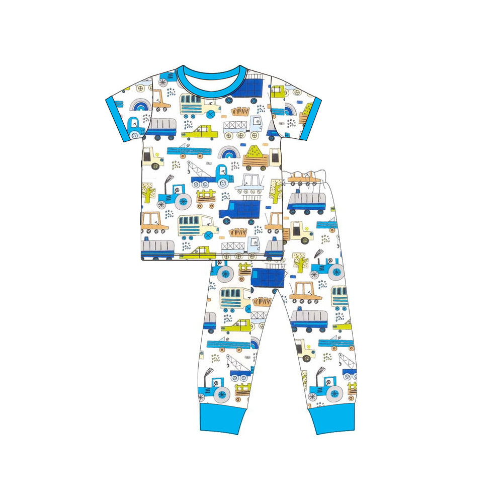 preorder BSPO0402 Construction truck cute cartoon trunk blue short sleeve pants boys pajamas