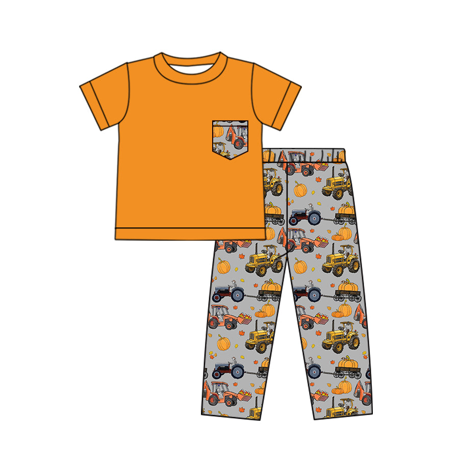 preorder BSPO0421 Autumn full pumpkin excavator orange pocket short sleeve pants boys set