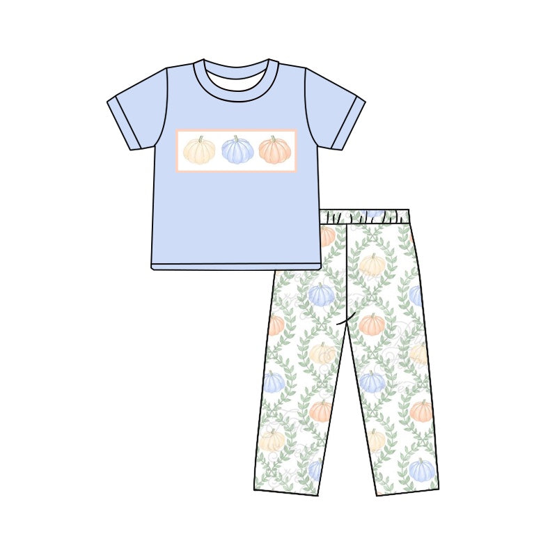 preorder BSPO0431 Autumn full pumpkin blue short sleeve pants boys set
