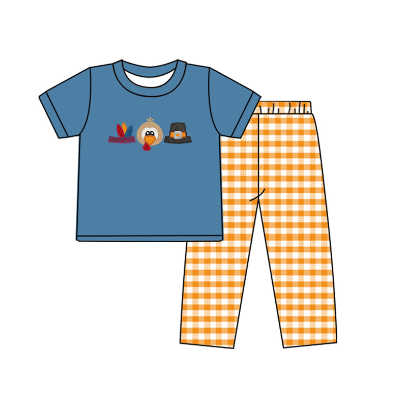 Preorder BSPO0453 Thanksgiving turkey hat navy blue short sleeve orange checkered pants boys set