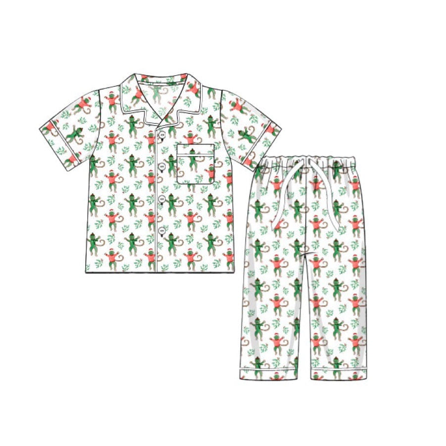 preorder BSPO0460 Christmas happy monkey green pocket short sleeve pants boys pajamas