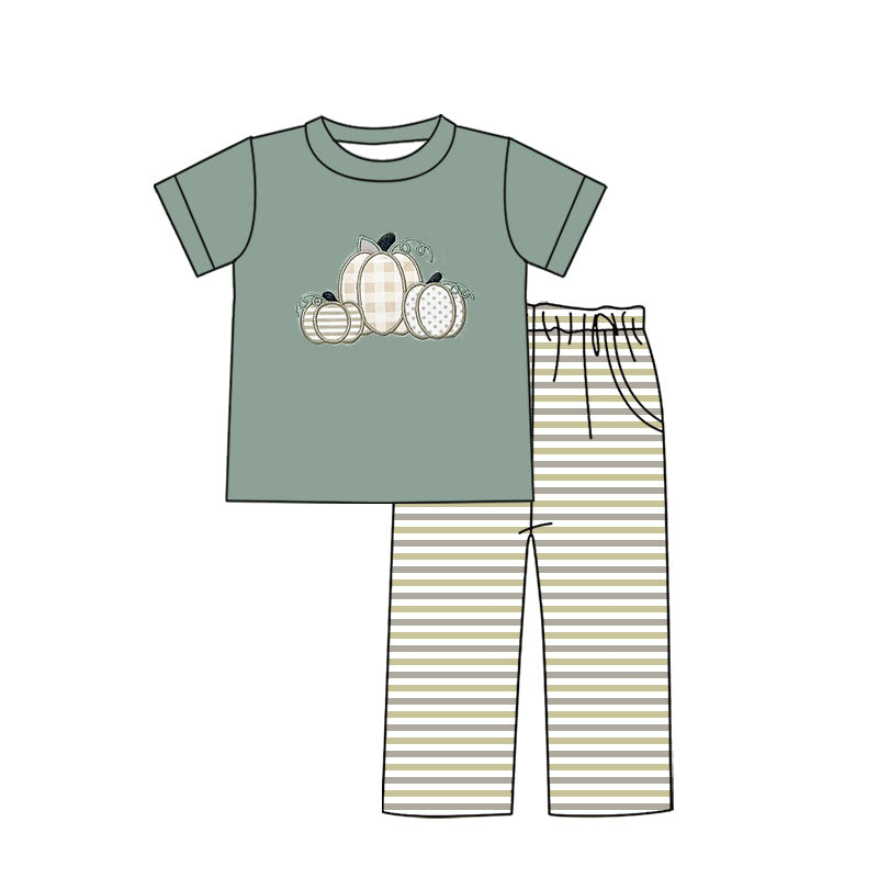 preorder BSPO0467 Autumn pumpkin green short sleeve striped pants boys set