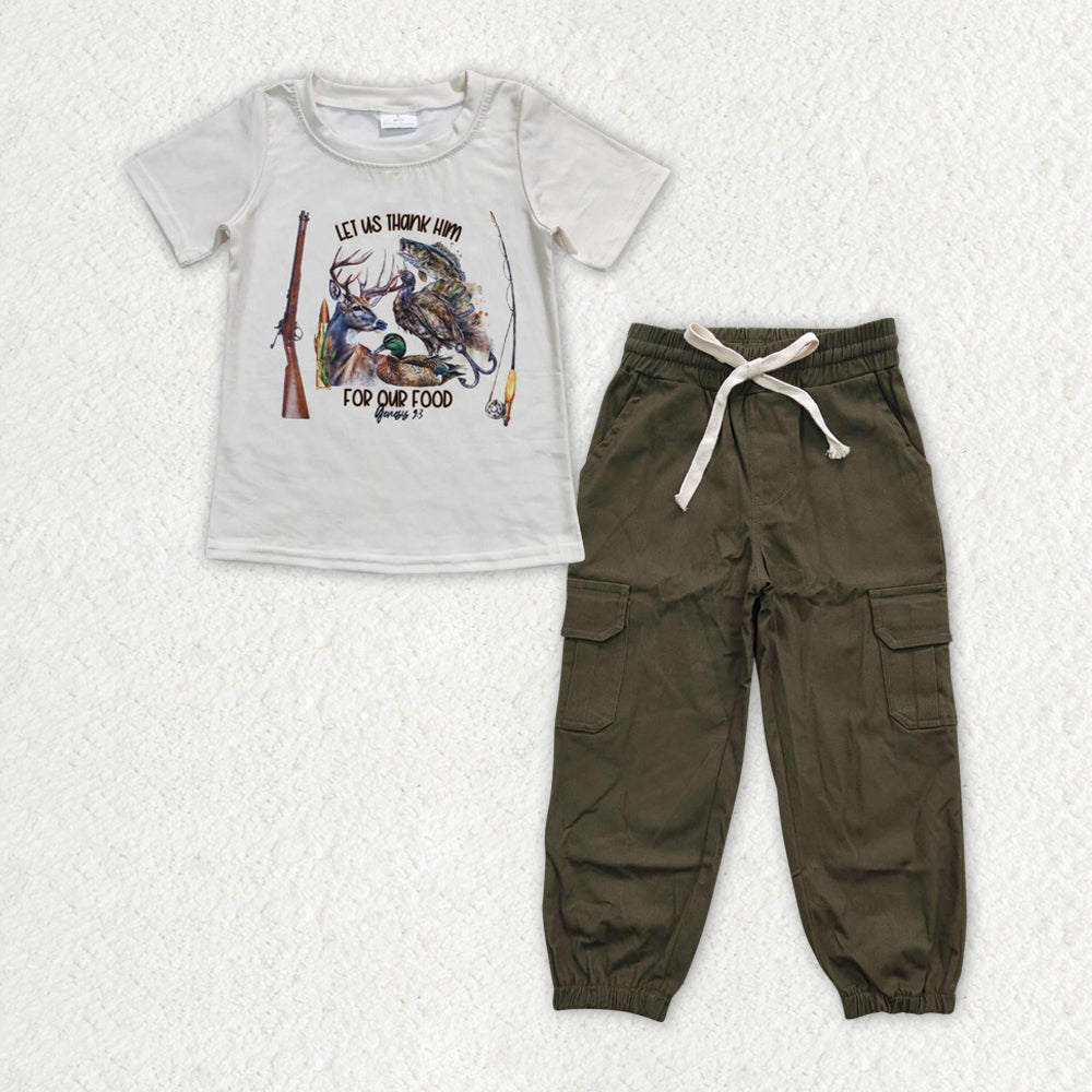 BSPO0485 let us thank him hunting fishing deer mallard short sleeve dark green pants boys set