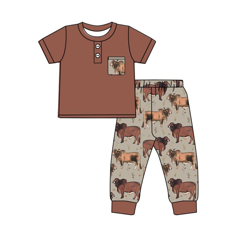 preorder BSPO0500 Western cow brown pocket short sleeve pants boys set