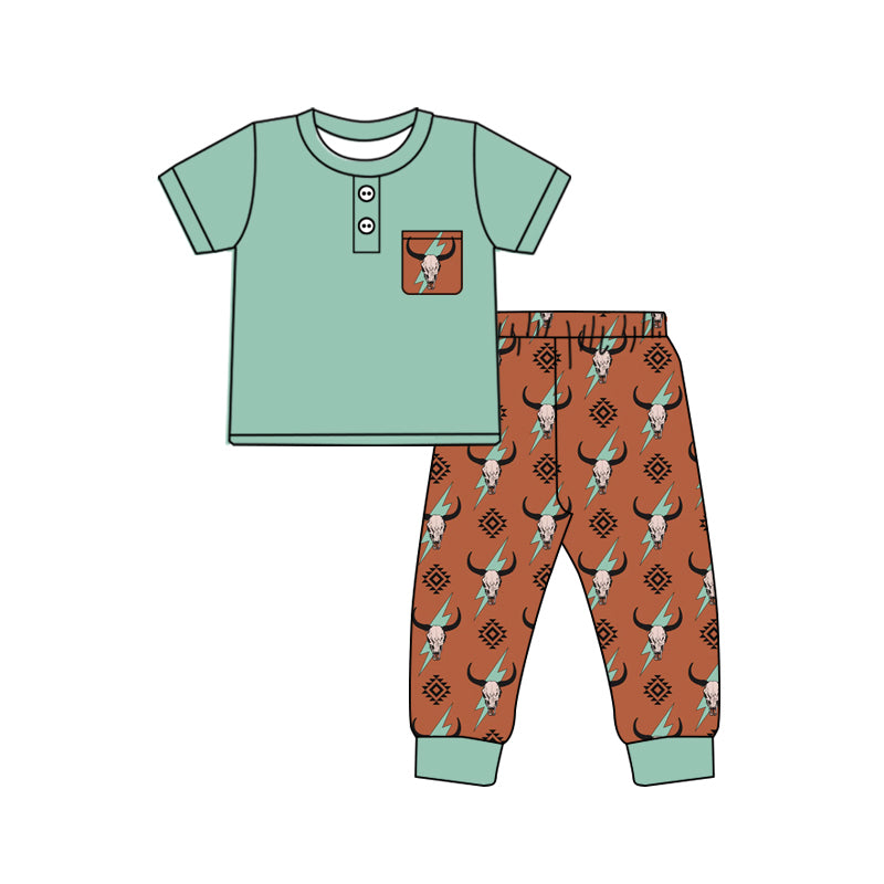 preorder BSPO0502 Western cow green pocket short sleeve brown aztec pants boys set
