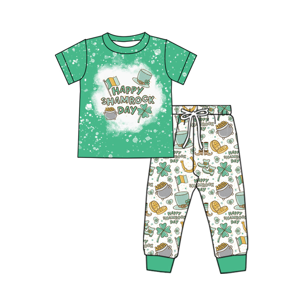 preorder BSPO0515 St Patrick happy shamrock day clover green short sleeve pants boys set