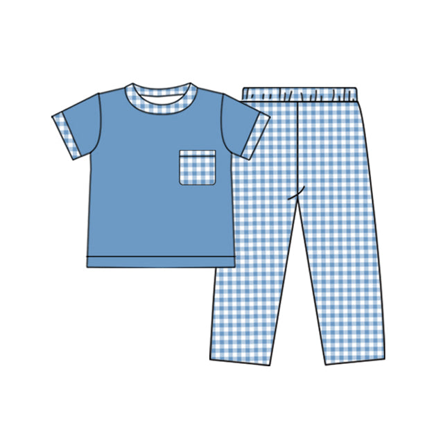 preorder BSPO0523 blue pocket short sleeve blue checkered pants boys set