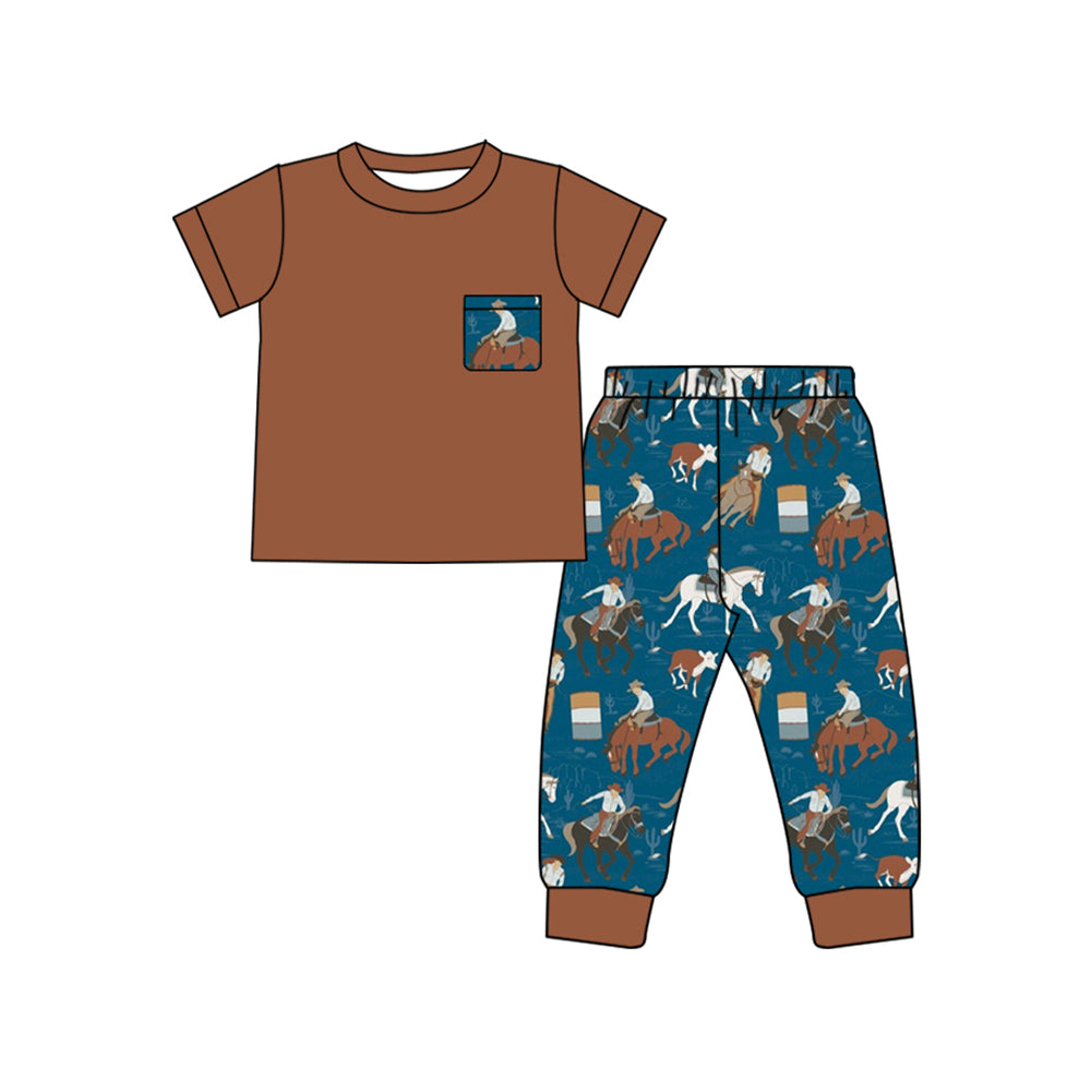 Preorder BSPO0527 Western rodeo pocket brown short sleeve blue pants boys set