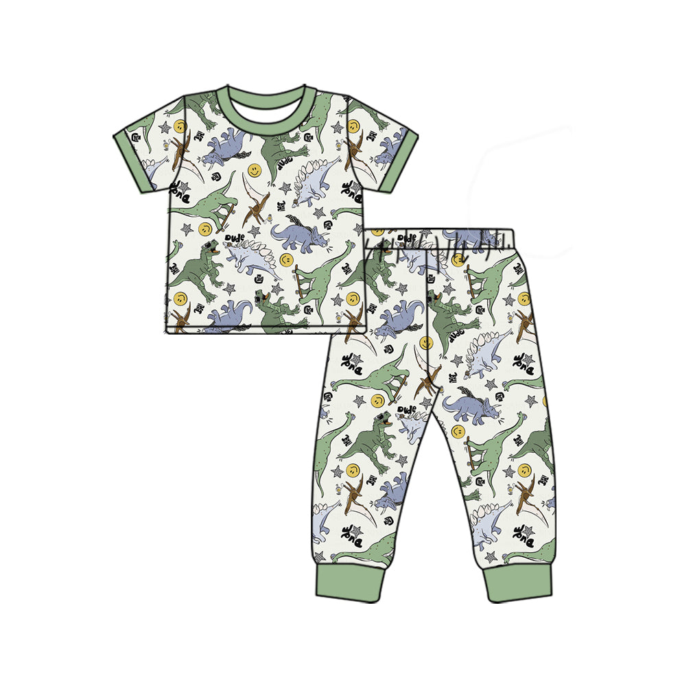 preorder BSPO0532 smile dinosaur green short sleeve pants boys pajamas