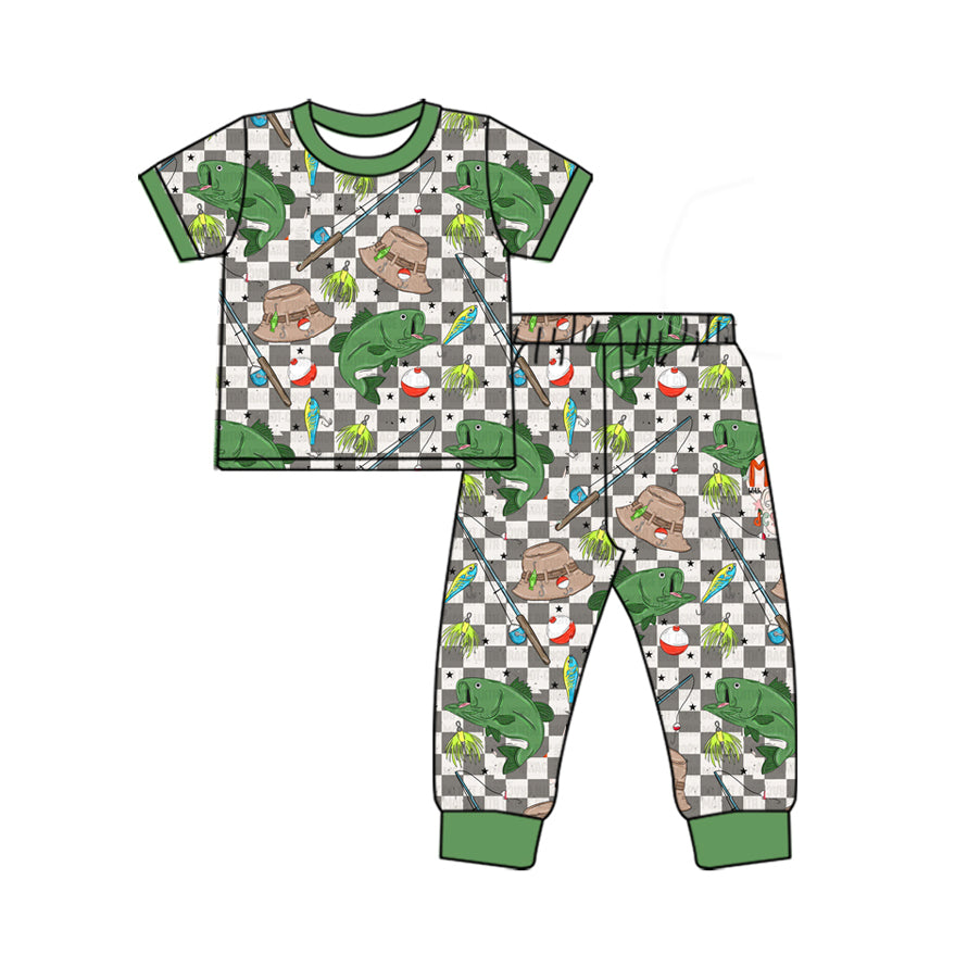 preorder BSPO0538 hunting fishing checkered short sleeve pants boys green pajamas