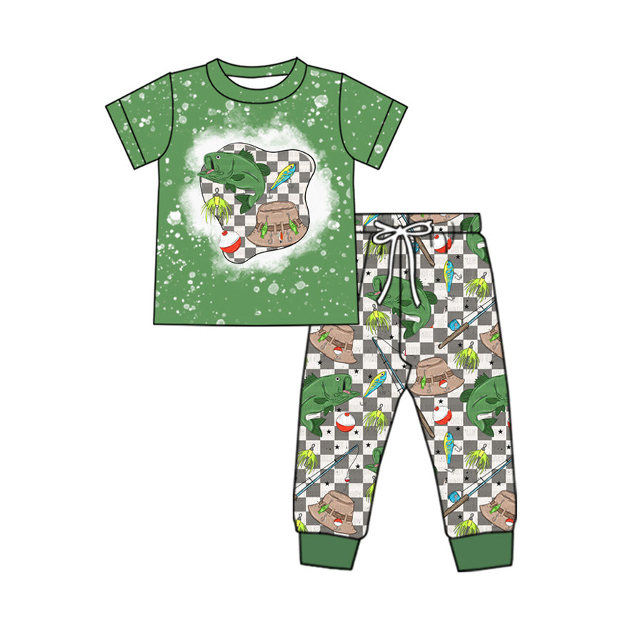 preorder BSPO0539 hunting fishing green short sleeve checkered pants boys set