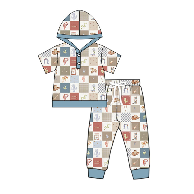 preorder BSPO0563 Western hat cactus boot hat checkered blue short sleeve hoodie pants boys set