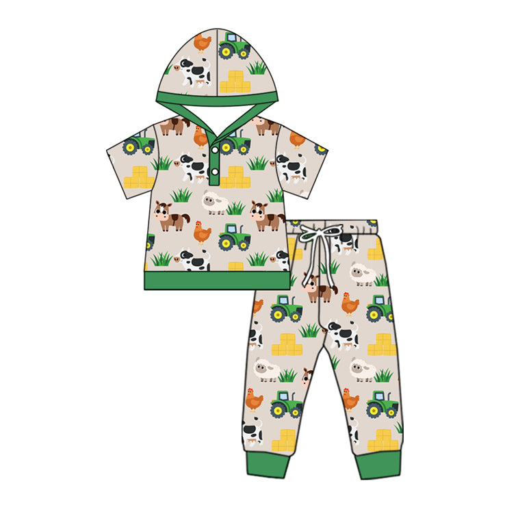 preorder BSPO0570 farm tractor animals green short sleeve hoodie pants boys set