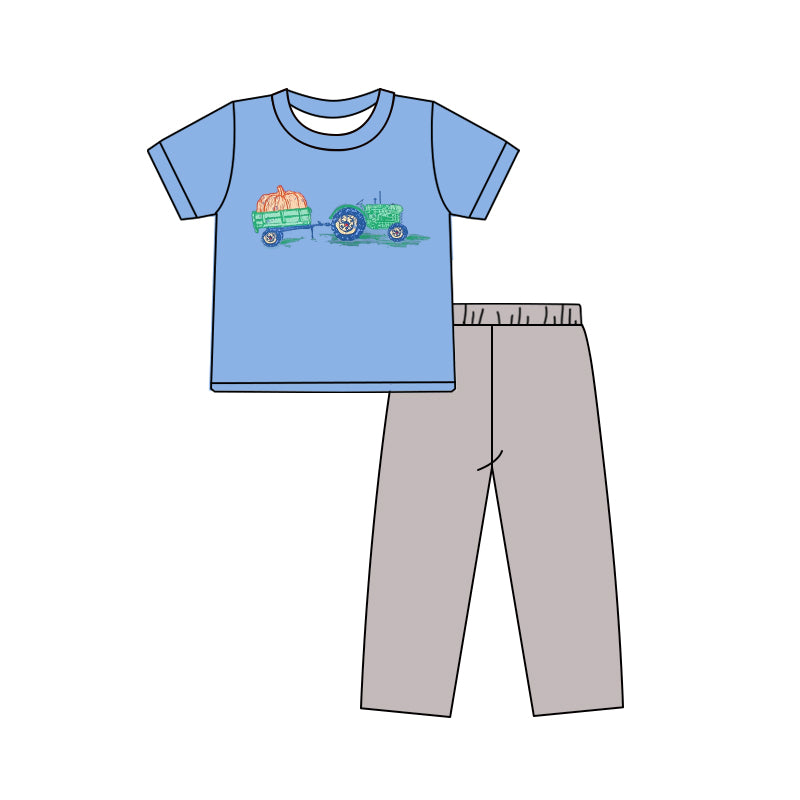 preorder BSPO0571 Autumn pumpkin truck blue short sleeve pants boys set
