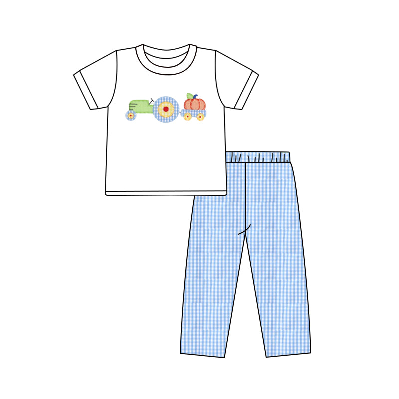 preorder BSPO0572 Autumn pumpkin truck white short sleeve blue checkered pants boys set