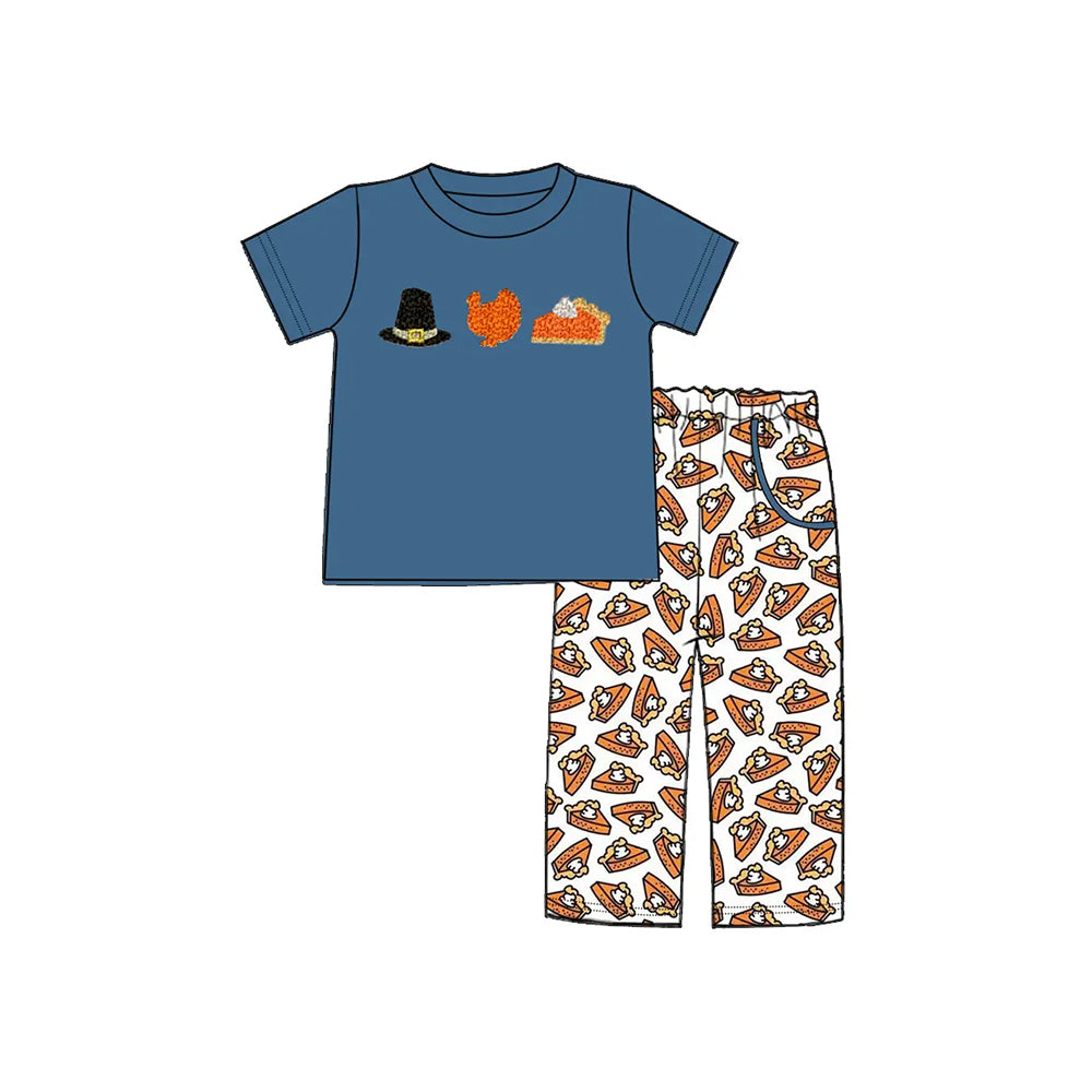 preorder BSPO0573 Thankgving hat turkey pie blue short sleeve pants boys set