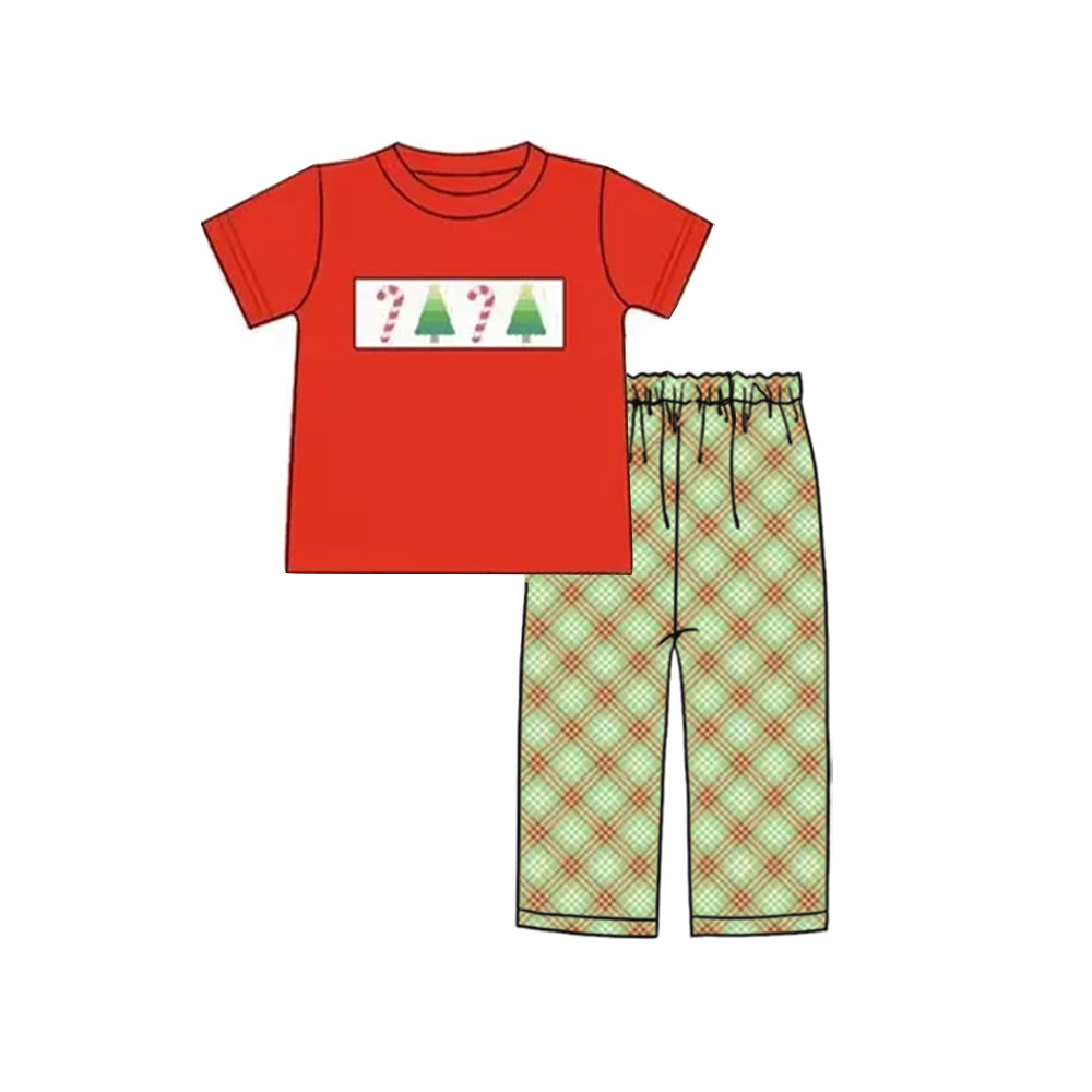 preorder BSPO0577 Christmas candy cane tree red short sleeve green checkered pants boys set