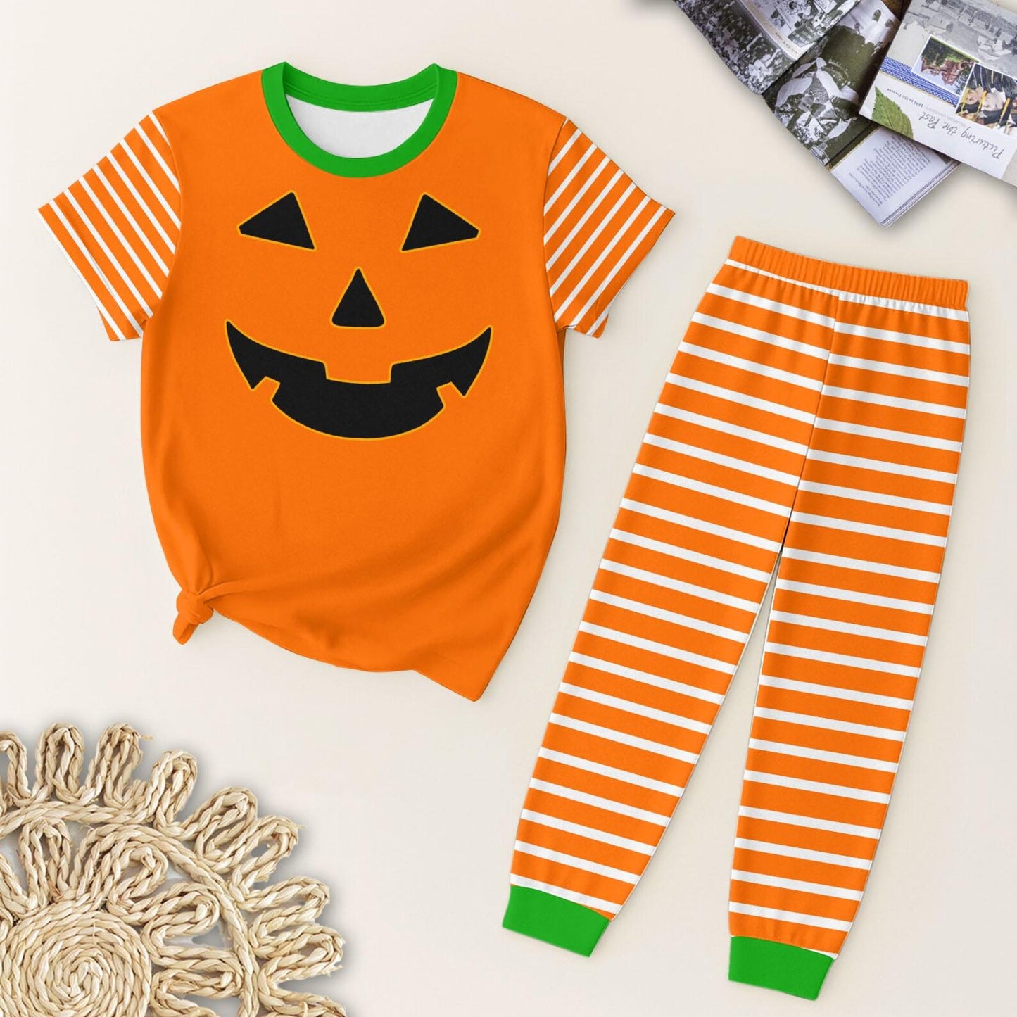 preorder BSPO0578 Halloween pumpkin spooky orange short sleeve striped pants boys pajamas