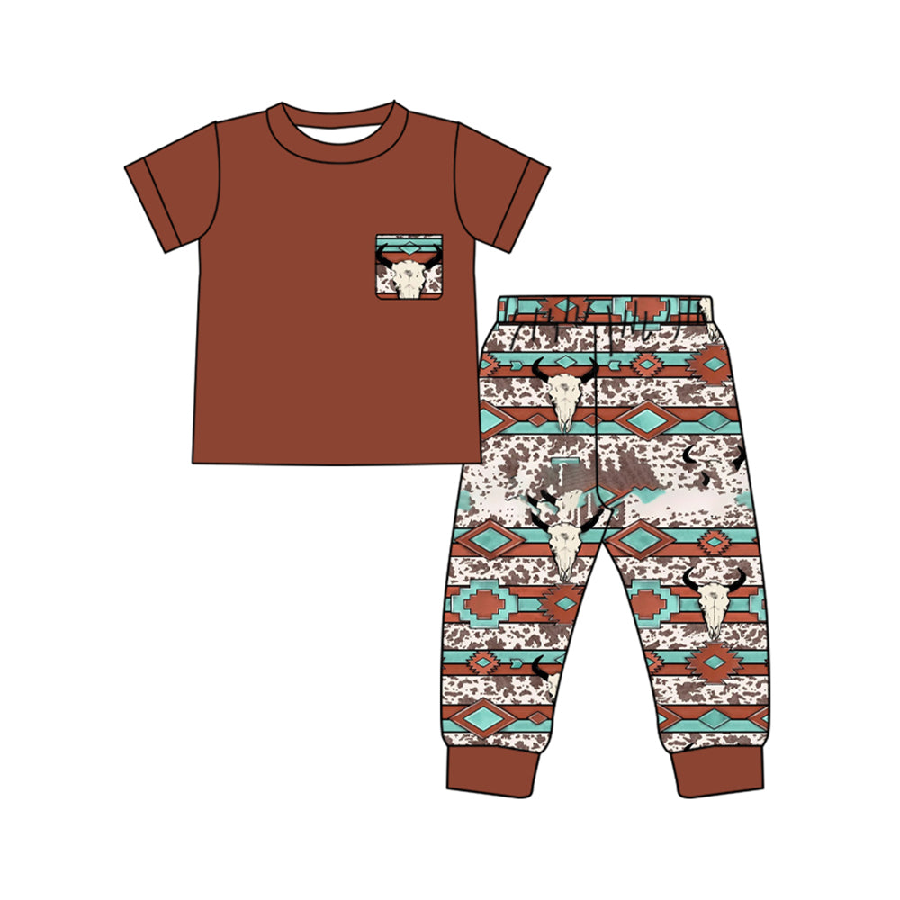 preorder BSPO0586 Western pocket brown short sleeve cow aztec pants boys set