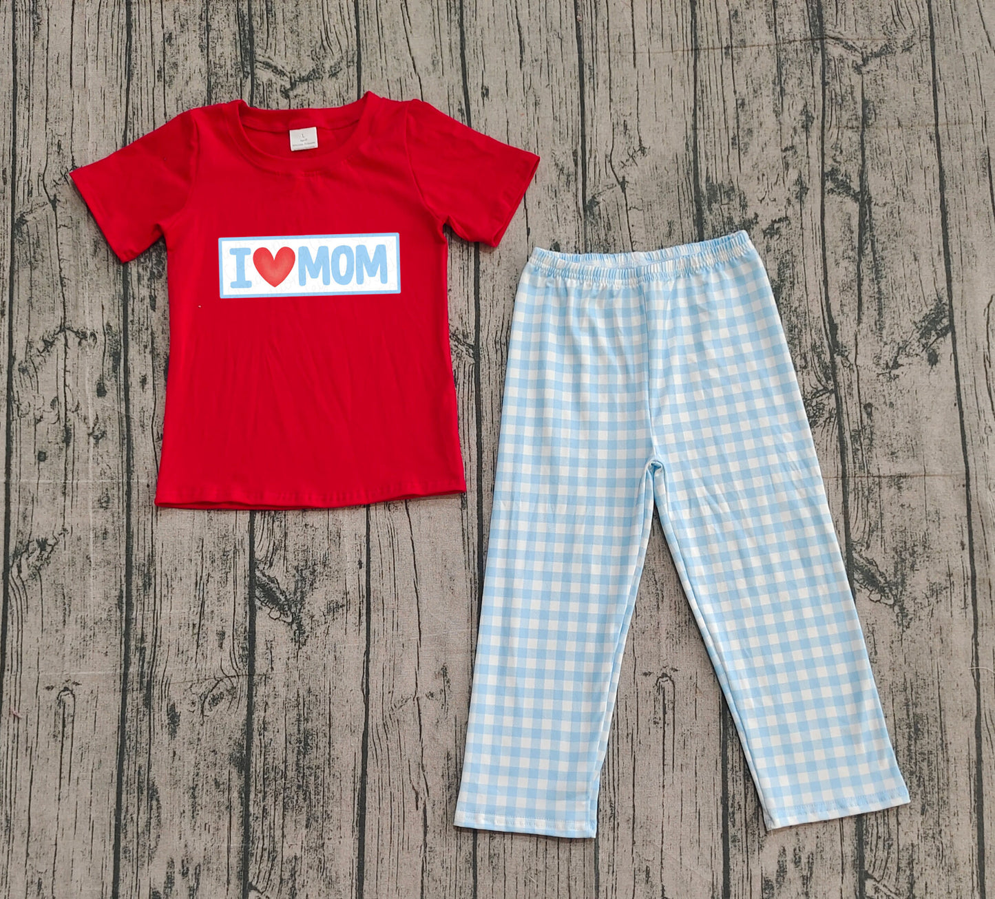 preorder sample BSPO0588 i love mom red short sleeve blue checkered pants boys set
