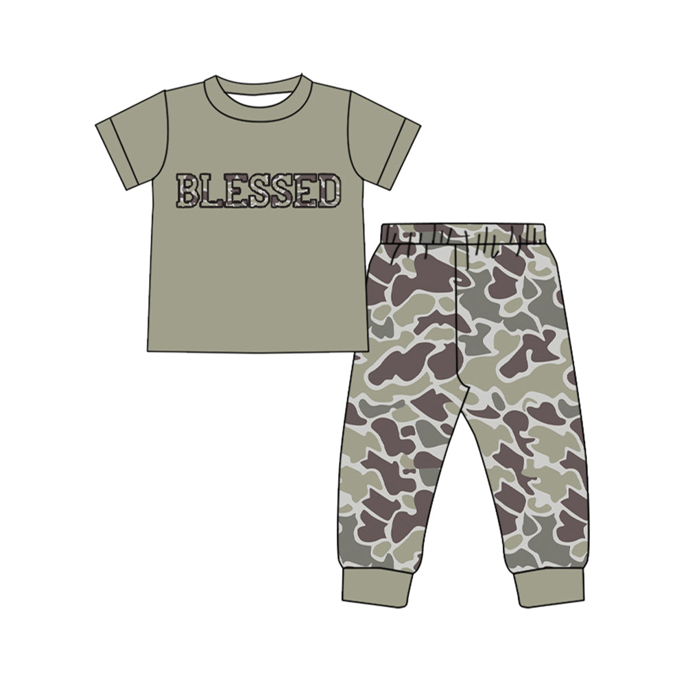 preorder BSPO0605 Blessed dark green short sleeve camo pants boys set