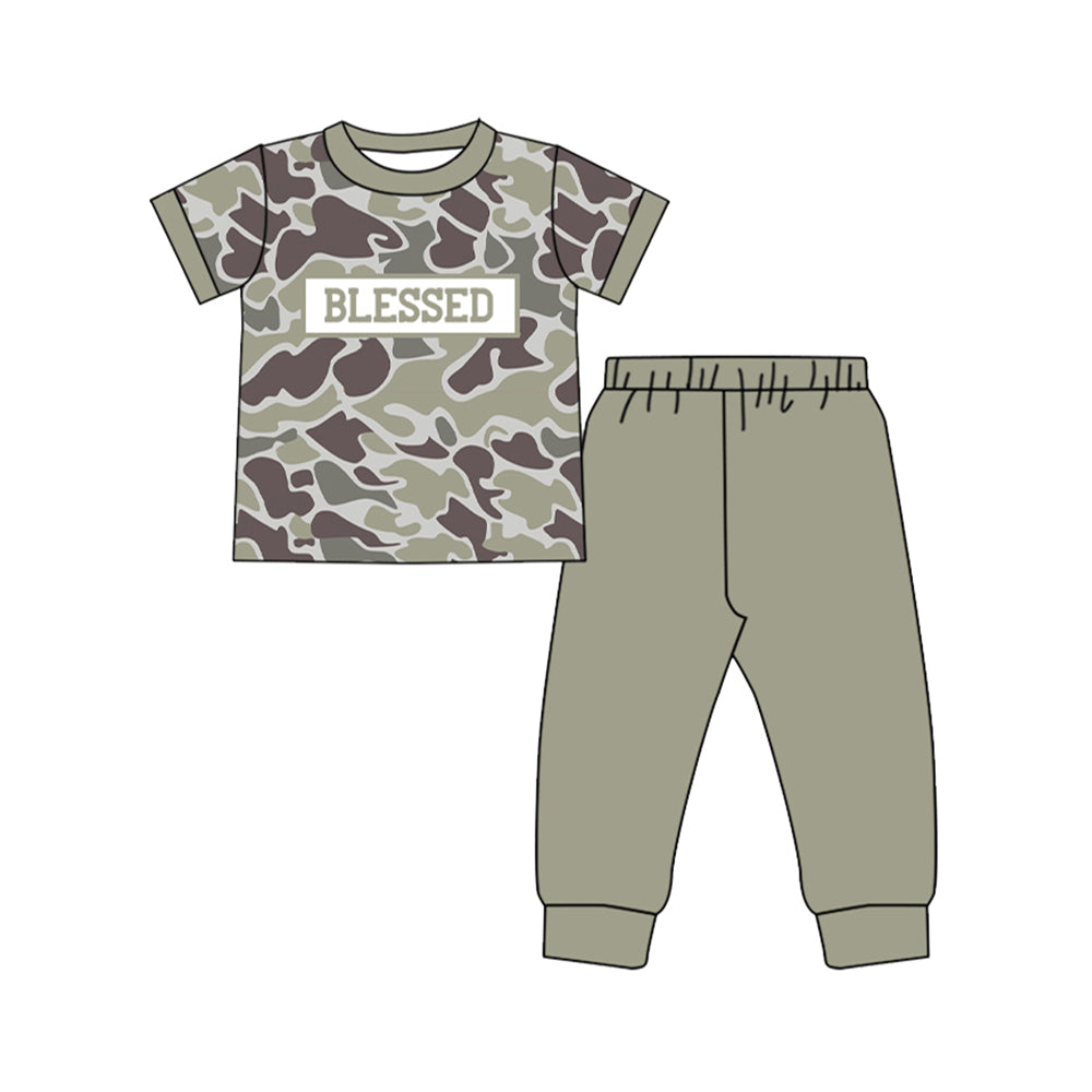 preorder BSPO0606 Blessed camo short sleeve dark green pants boys set