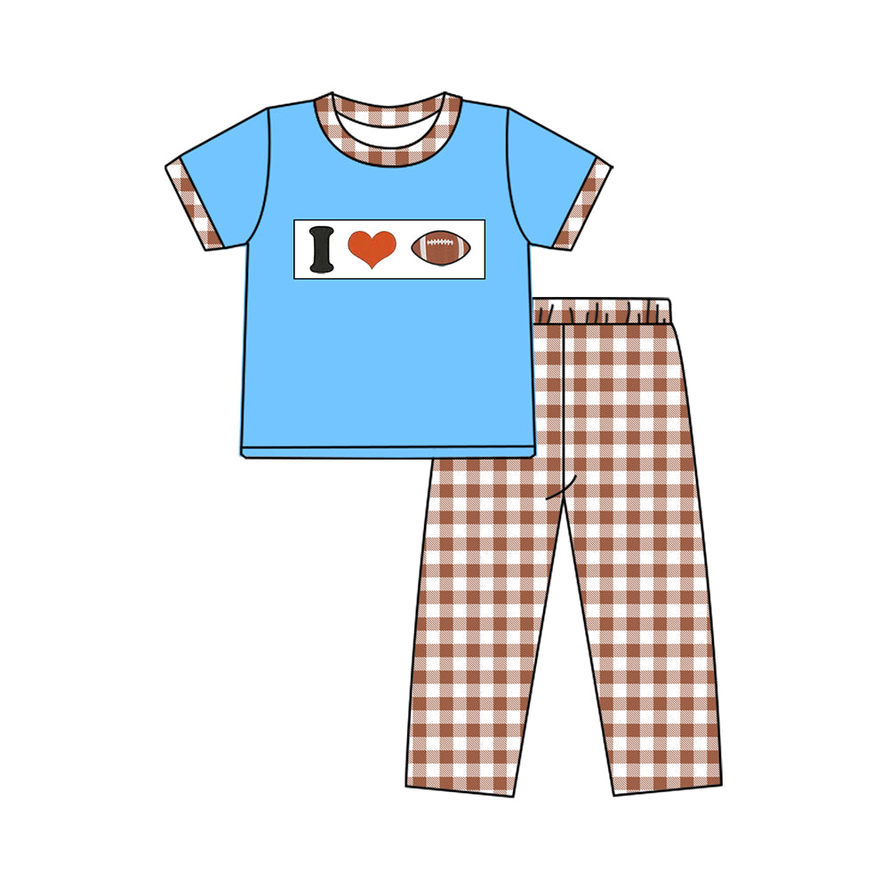 preorder BSPO0621 l love football blue short sleeve brown checkered pants boys set