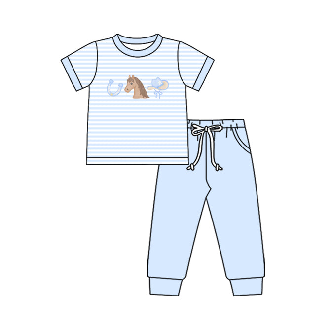 preorder BSPO0643 Western Horse Hat Blue Striped Short Sleeve Pants Boys Set
