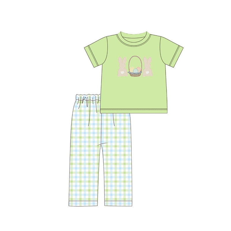 preorder BSPO0645 Easter Rabbit Egg Green Short Sleeve Checkered Pants Boys Set