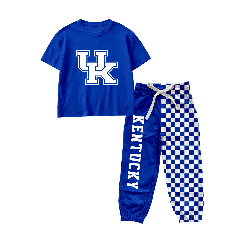 preorder BSPO0696 KENTUCKY Blue Short Sleeve Checkered Pants Boys Set