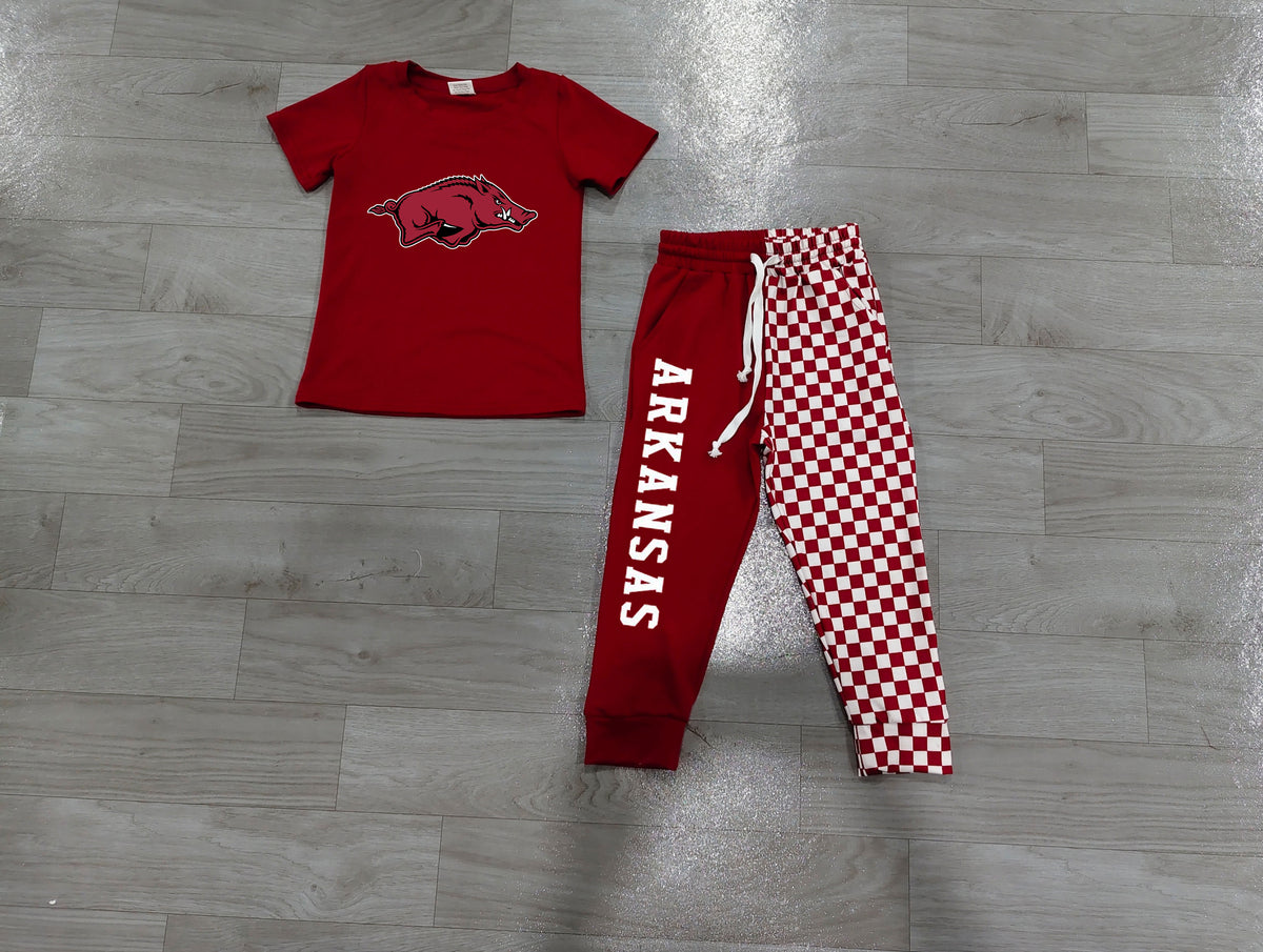 preorder Samples BSPO0699 Offset Printing ARKANSAS Maroon Short Sleeve Checkered Pants Boys Set