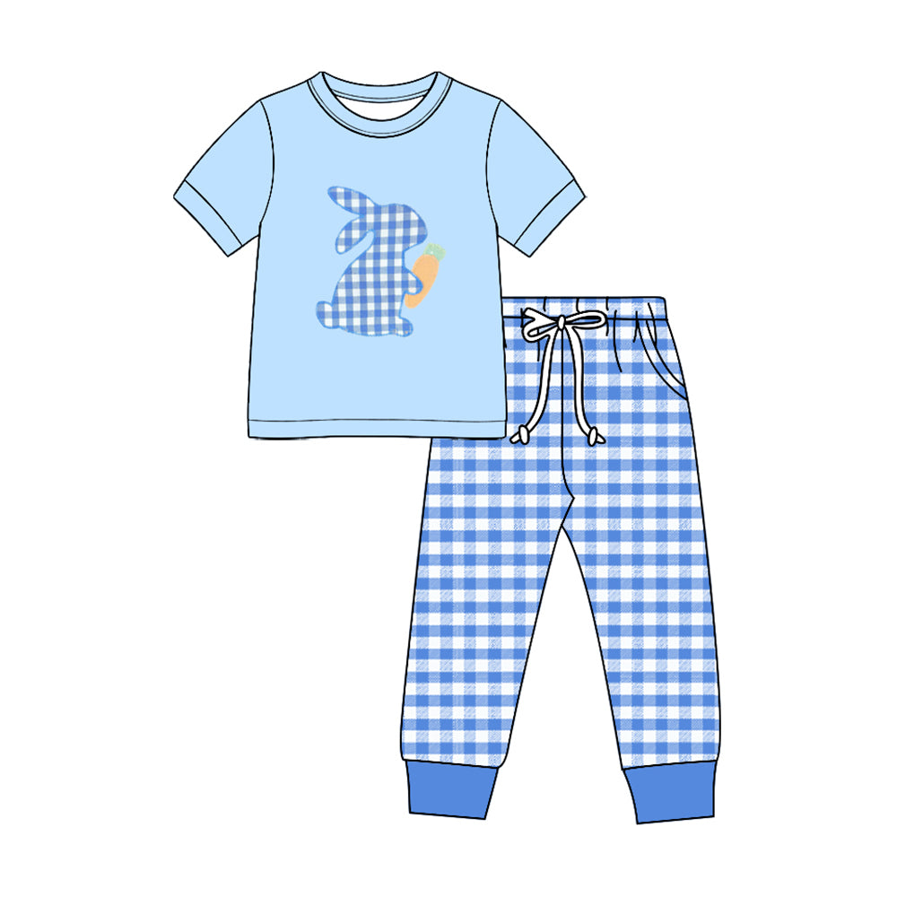 preorder BSPO0705 Easter Bunny Rabbit Blue Short Sleeve Checkered Pants Boys Set