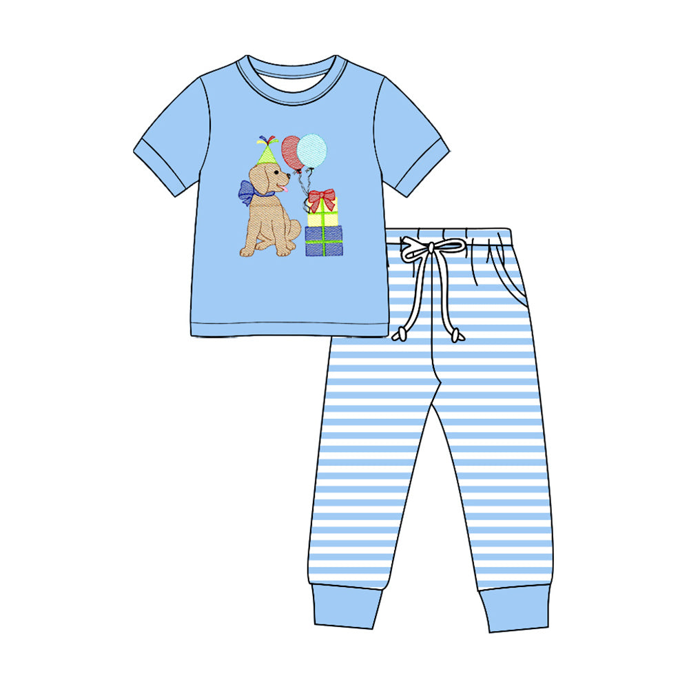 preorder BSPO0706 Happy Birthday Dog Blue Short Sleeve Checkered Pants Boys Set