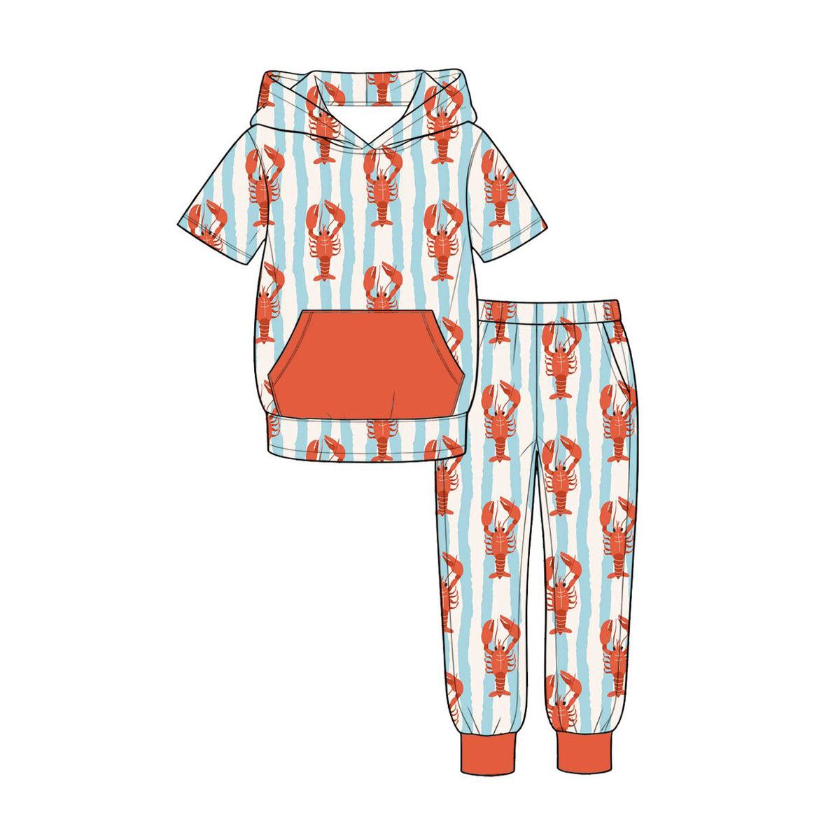 preorder BSPO0724 Crayfish Blue Striped Pocket Hoodie Short Sleeve Pants Boys Set