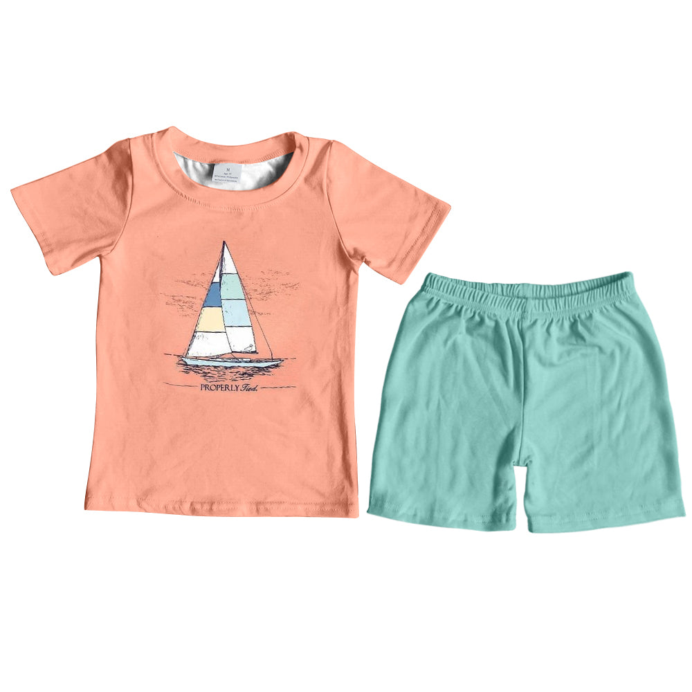 preorder BSSO0283 Sailboat orange short sleeve cyan shorts boys set