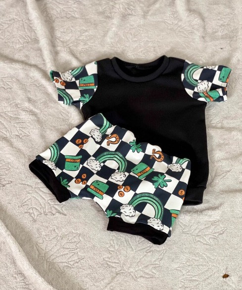 preorder BSSO0330 Saint Patrick black short sleeve checkered shorts boys set