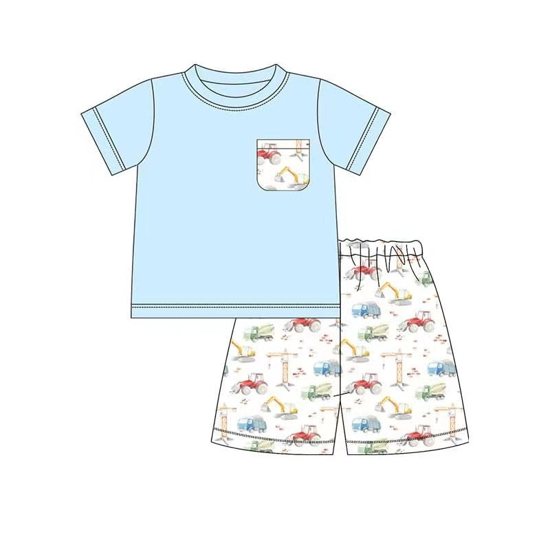 custom moq 3 Construction truck blue pocket short sleeve shorts boys set